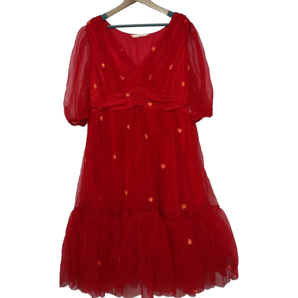 Eshakti Wayward Fancies Floral Embroidery Mesh Ruched Empire Dress